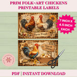 Two rooster-themed printable labels with text and a pair of scissors on a light green background.