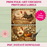 Promotional graphic for Prim Folk-Art Chickens printable labels with two sample designs and a pair of scissors on a light green background.