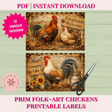 Farmhouse-themed printable labels with roosters and chickens on a wooden background, featuring a pair of scissors.