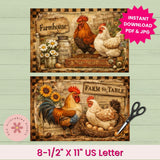 Two farm-themed prints with chickens and text on a wooden surface, accompanied by scissors.