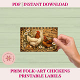 Primitive Folk Art Chicken Printable Labels, Farmhouse Junk Journal Ephemera, Country Farm Fresh Collage Sheet for Scrapbooking & Paper Crafts