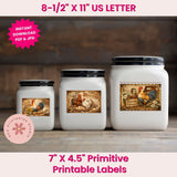 Three white jars with rooster labels on a wooden surface, with text about printable labels dimensions and formats.