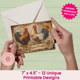 Hand holding a card with rooster design and envelope on a light green background