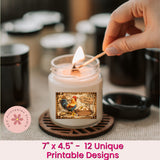 Hand lighting a candle with a rooster design on a coaster, with text about printable designs.