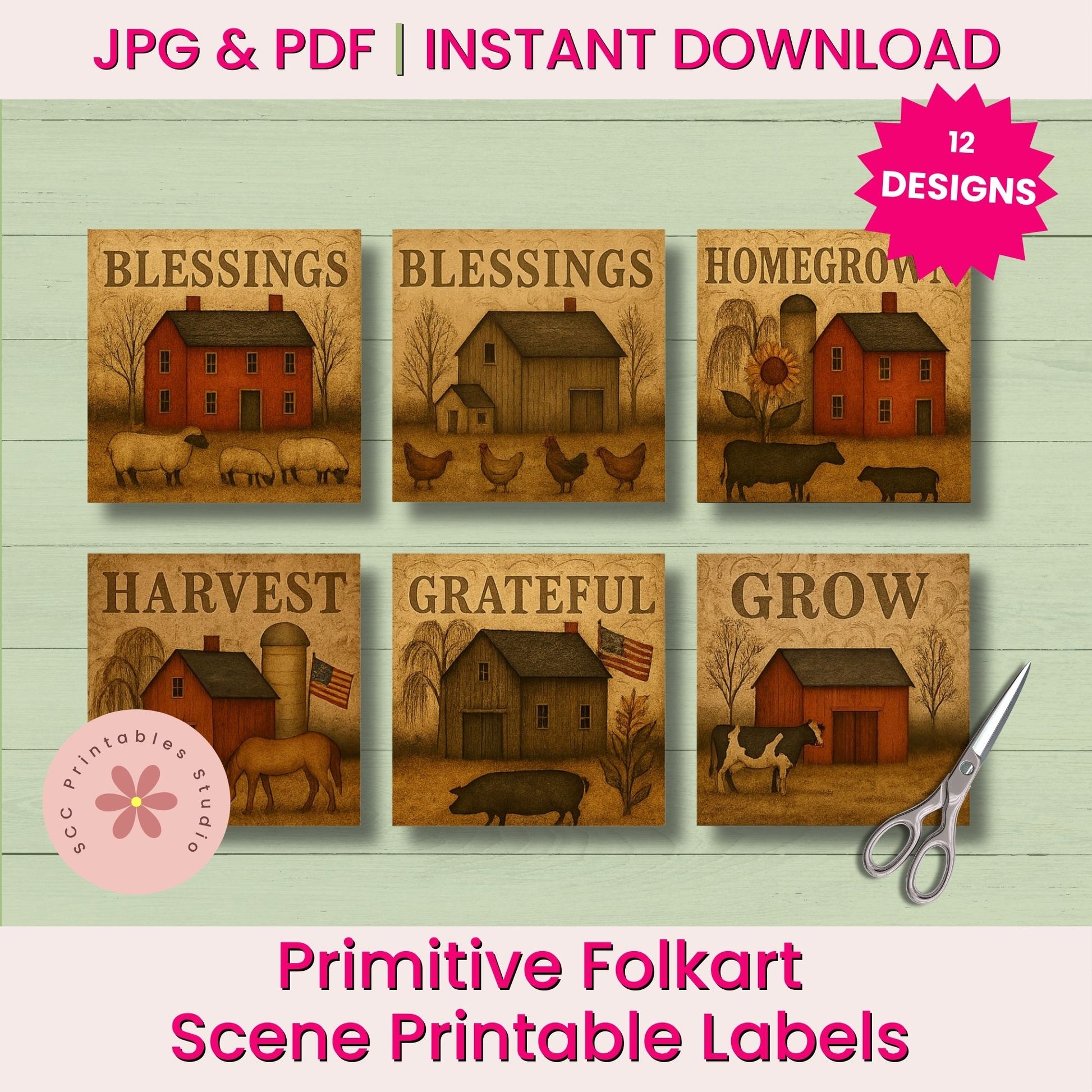 Set of Primitive Folkart Scene Printable Labels with barns, animals, and text on a wooden background.