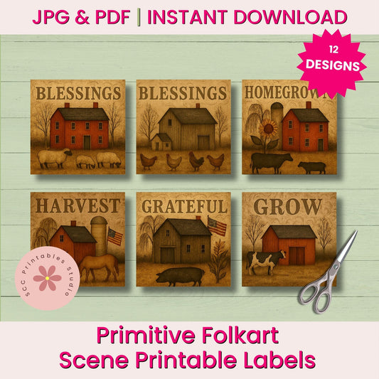 Set of Primitive Folkart Scene Printable Labels with barns, animals, and text on a wooden background.