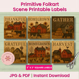 Set of Primitive Folkart Scene Printable Labels with farm-themed designs on a wooden background.