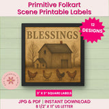 Framed artwork with 'Blessings' text and chickens, labeled as Primitive Folkart Scene Printable Labels on a light green background.