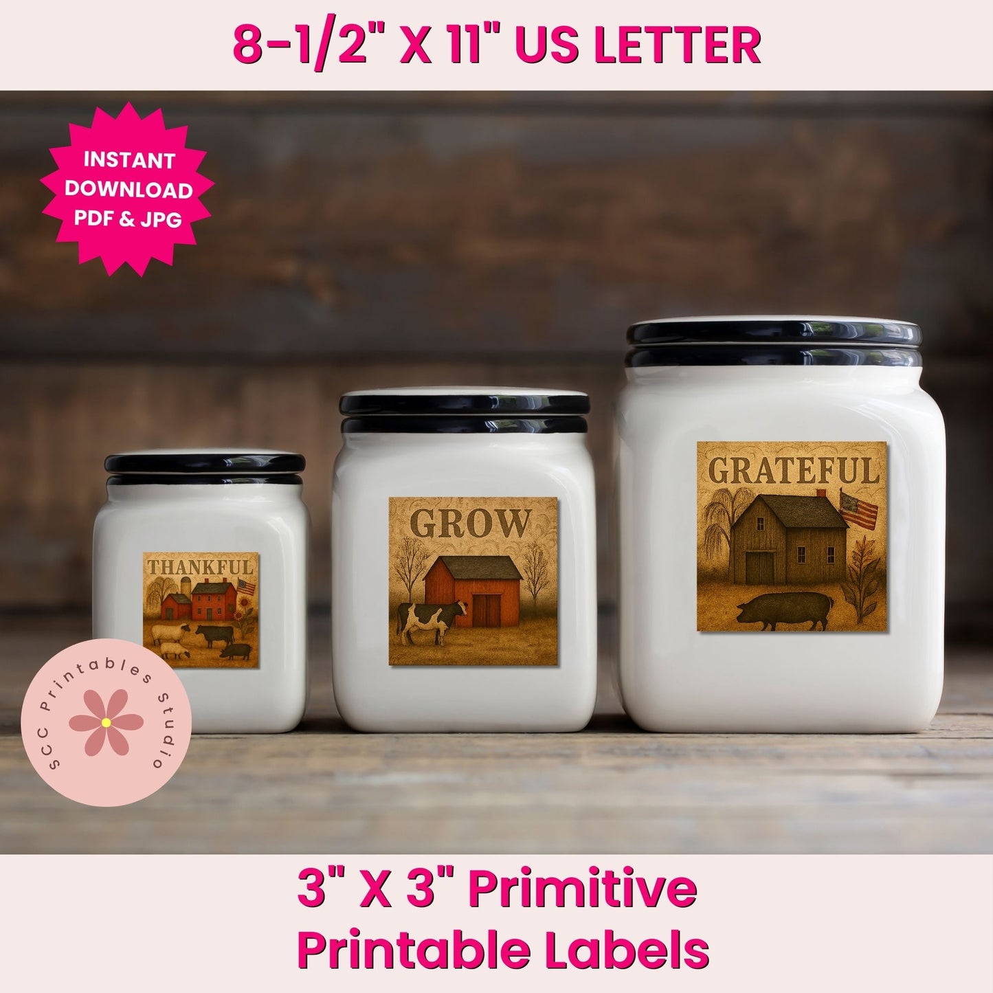 Three white jars with black lids featuring 'Grateful', 'Grow', and 'Thankful' labels on a wooden surface.