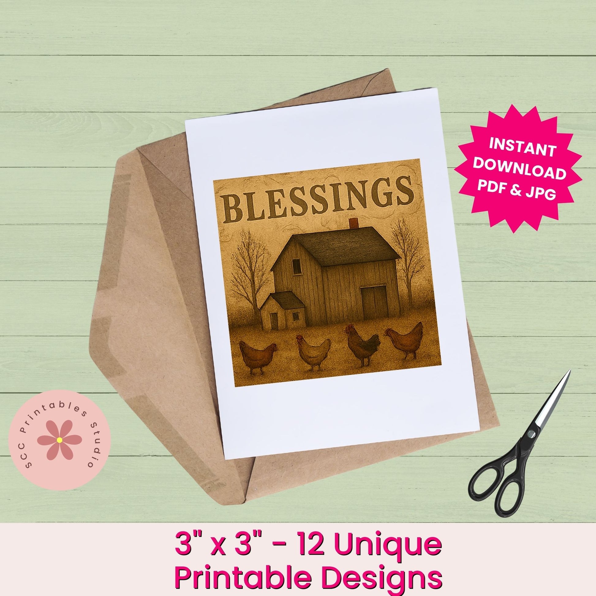 Printable card with 'Blessings' text and house illustration on a green wooden surface with scissors.