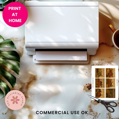 White printer on a marble surface with a cup, plant, and printed sheet of stamps.