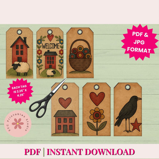 Set of decorative tags with various designs on a wooden surface, featuring PDF & JPG format, instant download, and scissors.