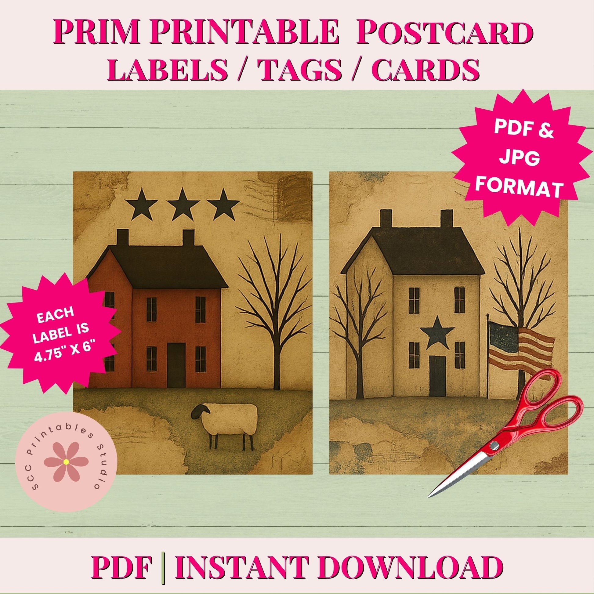 Printable postcard labels with houses and trees on a wooden background, featuring scissors and text about file formats.