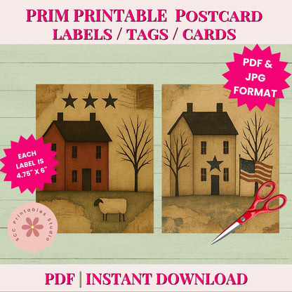 Printable postcard labels with houses and trees on a wooden background, featuring scissors and text about file formats.