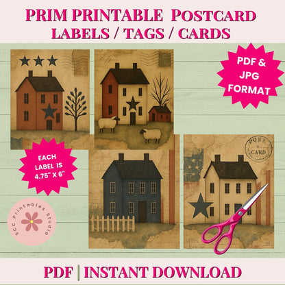 Promotional image of Prim Printable Postcard Labels, Tags, and Cards with houses and sheep design on a wooden background.