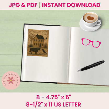 Open notebook with illustrations, a pen, and a cup of coffee on a light green wooden surface.