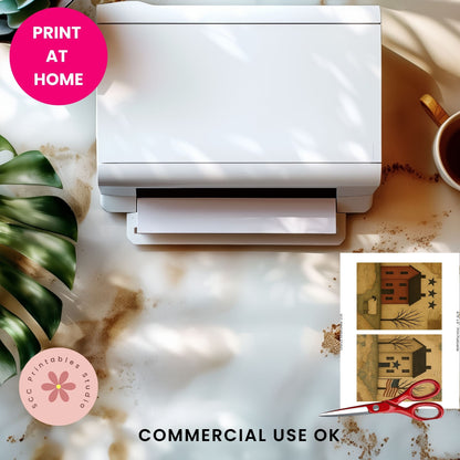 White printer on a desk with a cup of coffee, plant, and printed designs.