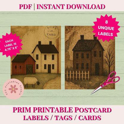 Primitive Americana Postcard Printable Labels, Prim Saltbox House, Sheep, Flag, Postmarks Junk Journal Collage Sheets, Scrapbook Ephemera