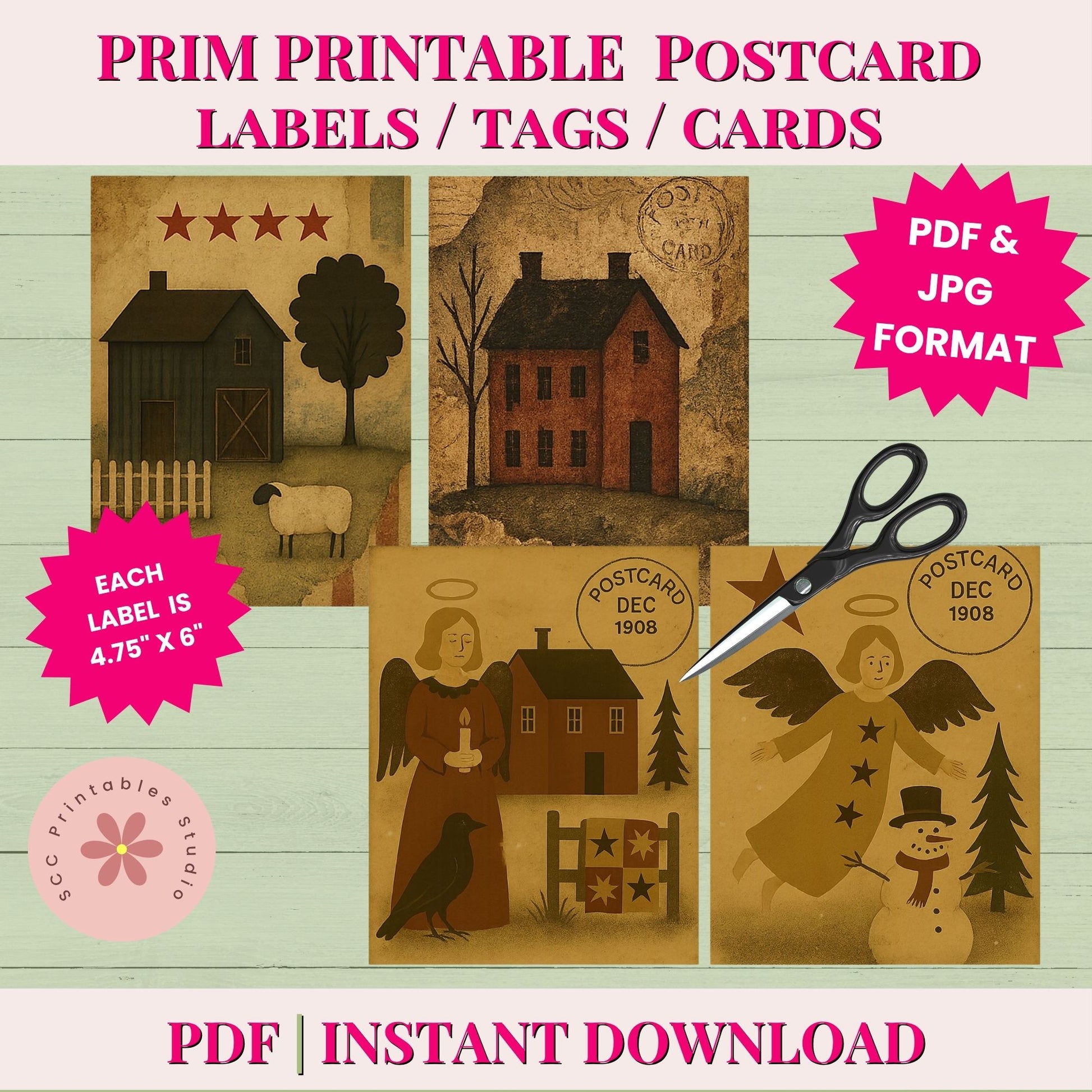 Primitive Americana Printable Postcards, Saltbox Houses, Crows, Quilts & Sheep Collage Sheets for Junk Journals & Scrapbooking