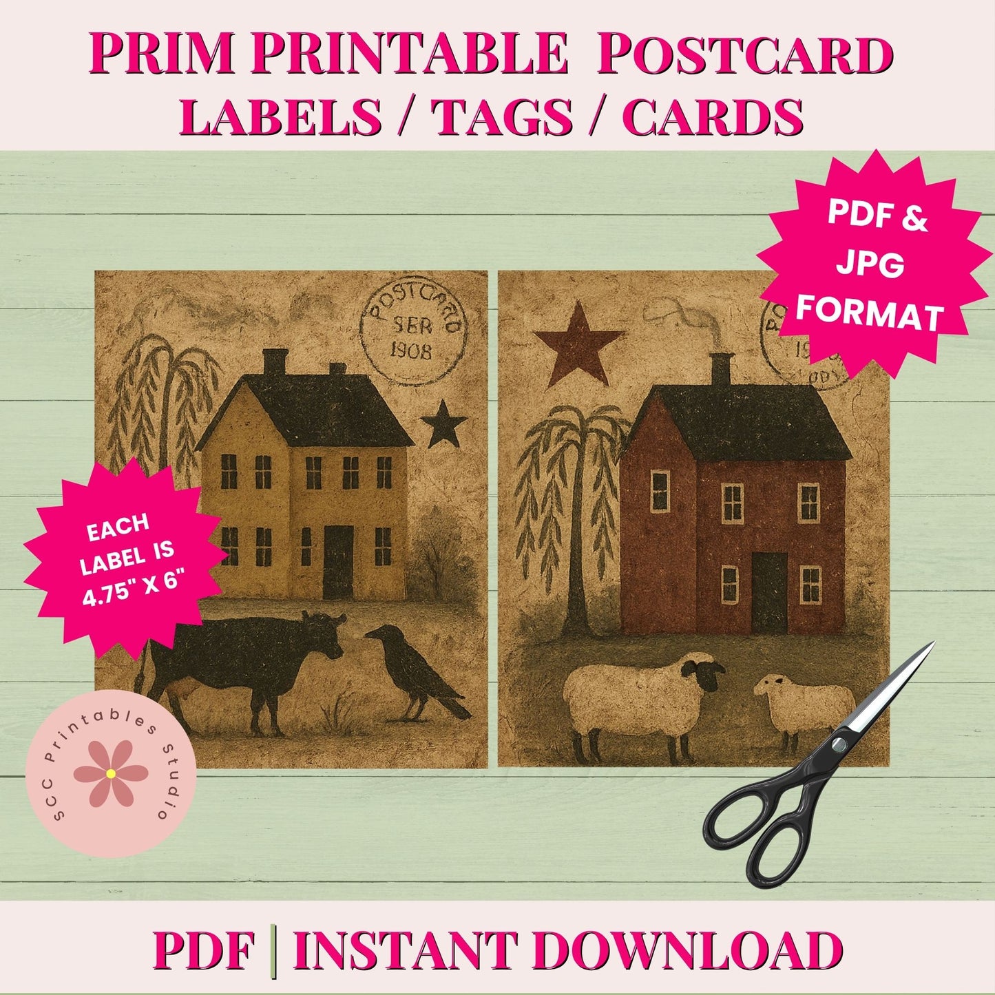 Primitive Americana Printable Postcards, Saltbox Houses, Crows, Quilts & Sheep Collage Sheets for Junk Journals & Scrapbooking