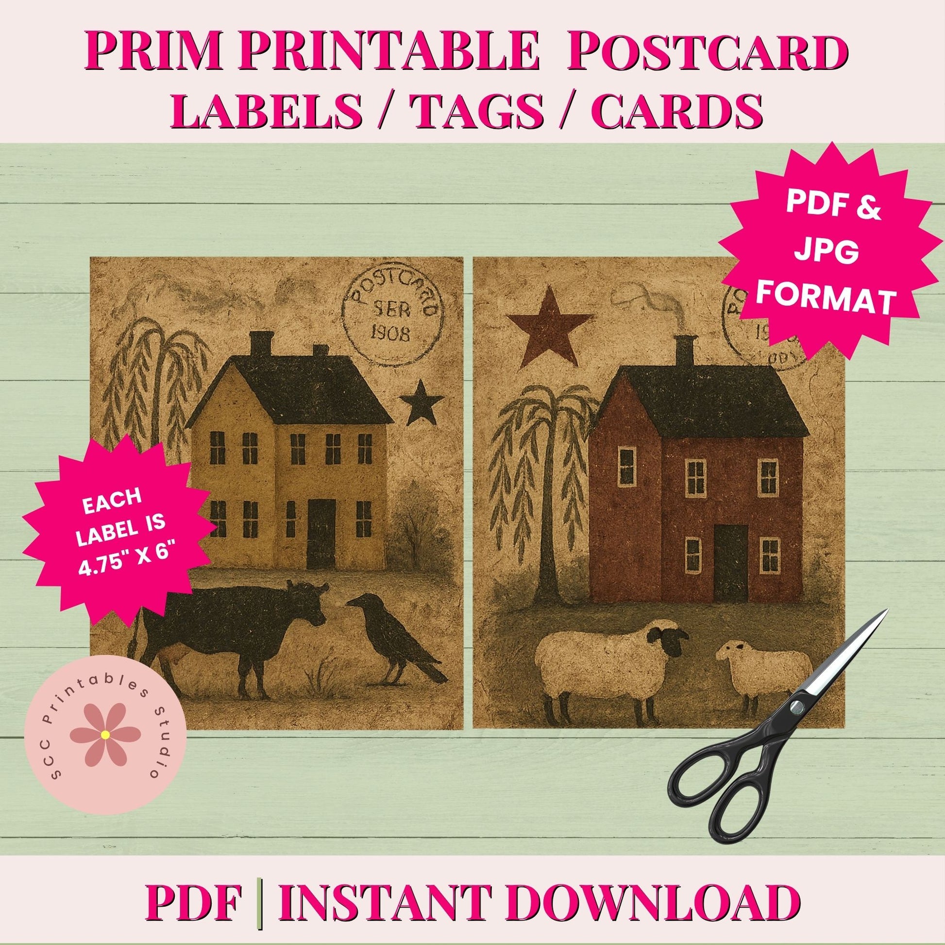 Primitive Americana Printable Postcards, Saltbox Houses, Crows, Quilts & Sheep Collage Sheets for Junk Journals & Scrapbooking