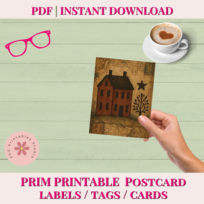 Primitive Americana Printable Postcards, Saltbox Houses, Crows, Quilts & Sheep Collage Sheets for Junk Journals & Scrapbooking