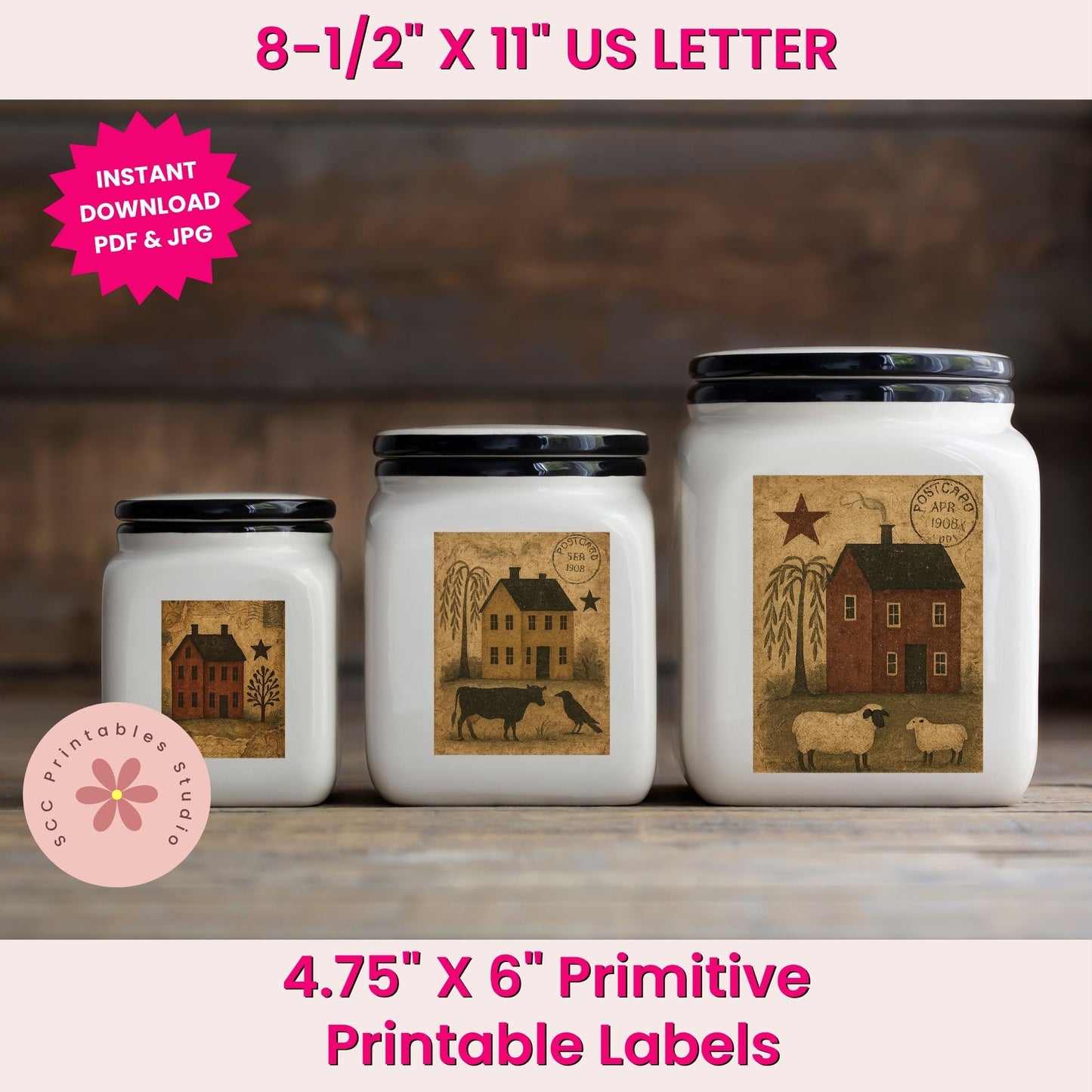 Primitive Americana Printable Postcards, Saltbox Houses, Crows, Quilts & Sheep Collage Sheets for Junk Journals & Scrapbooking