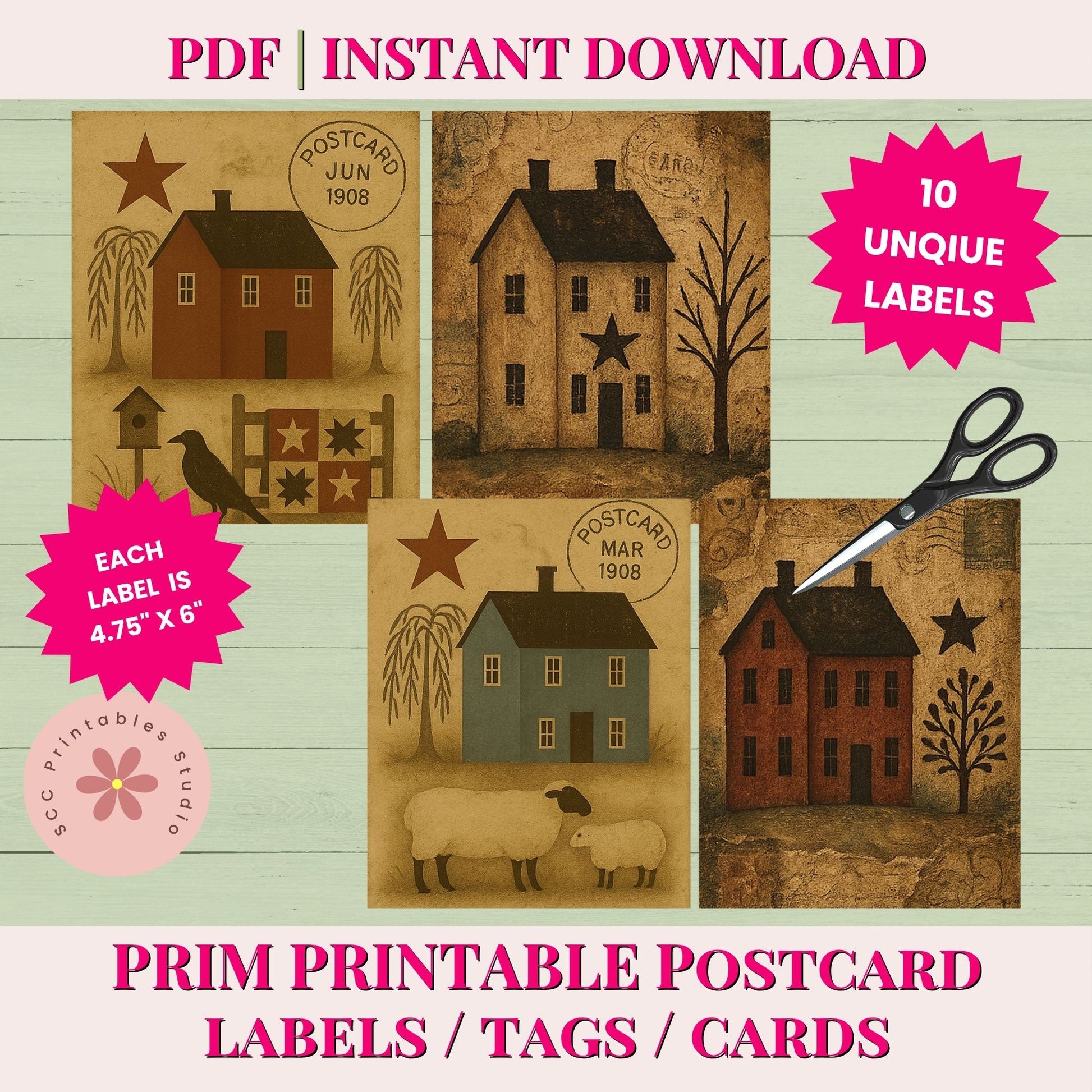 Primitive Americana Printable Postcards, Saltbox Houses, Crows, Quilts & Sheep Collage Sheets for Junk Journals & Scrapbooking