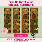 Prim Saltbox House Printable Bookmarks with a pair of scissors on a wooden background