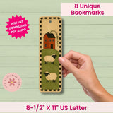 Hand holding a bookmark with sheep design on a wooden surface, with text about unique bookmarks and download options.