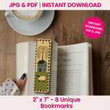 Primitive Americana Printable Bookmarks – Saltbox House, Sheep & Crow Folk Art, Prim Collage Sheet for Book Lovers