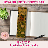 Printable bookmarks with a rustic design on a wooden surface with a plant and pen.