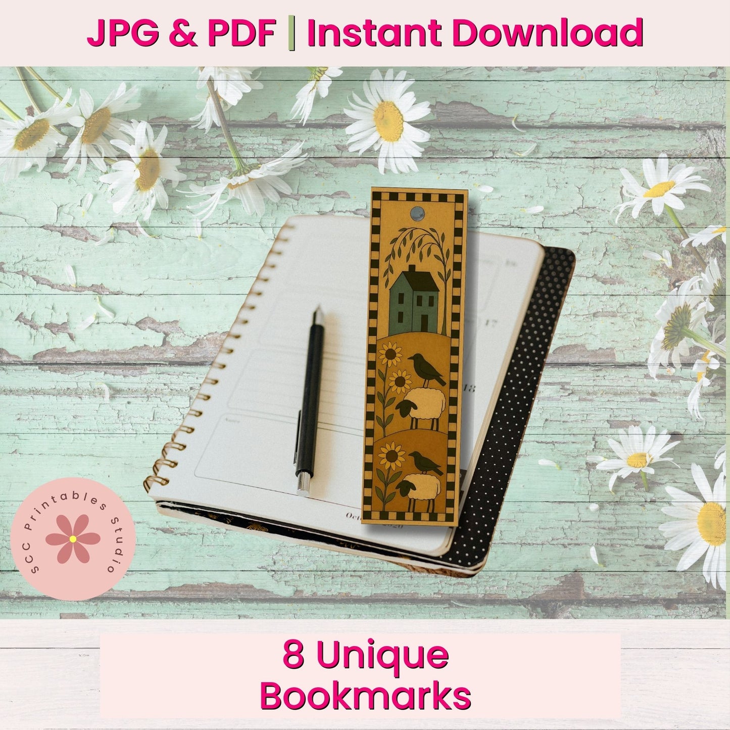 Decorative bookmarks with a pen on a notebook against a floral background, with text about instant download and unique bookmarks.