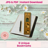 Decorative bookmarks with a pen on a notebook against a floral background, with text about instant download and unique bookmarks.