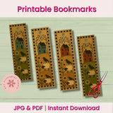 Four decorative bookmarks with farm-themed illustrations on a wooden surface, accompanied by a pair of scissors.