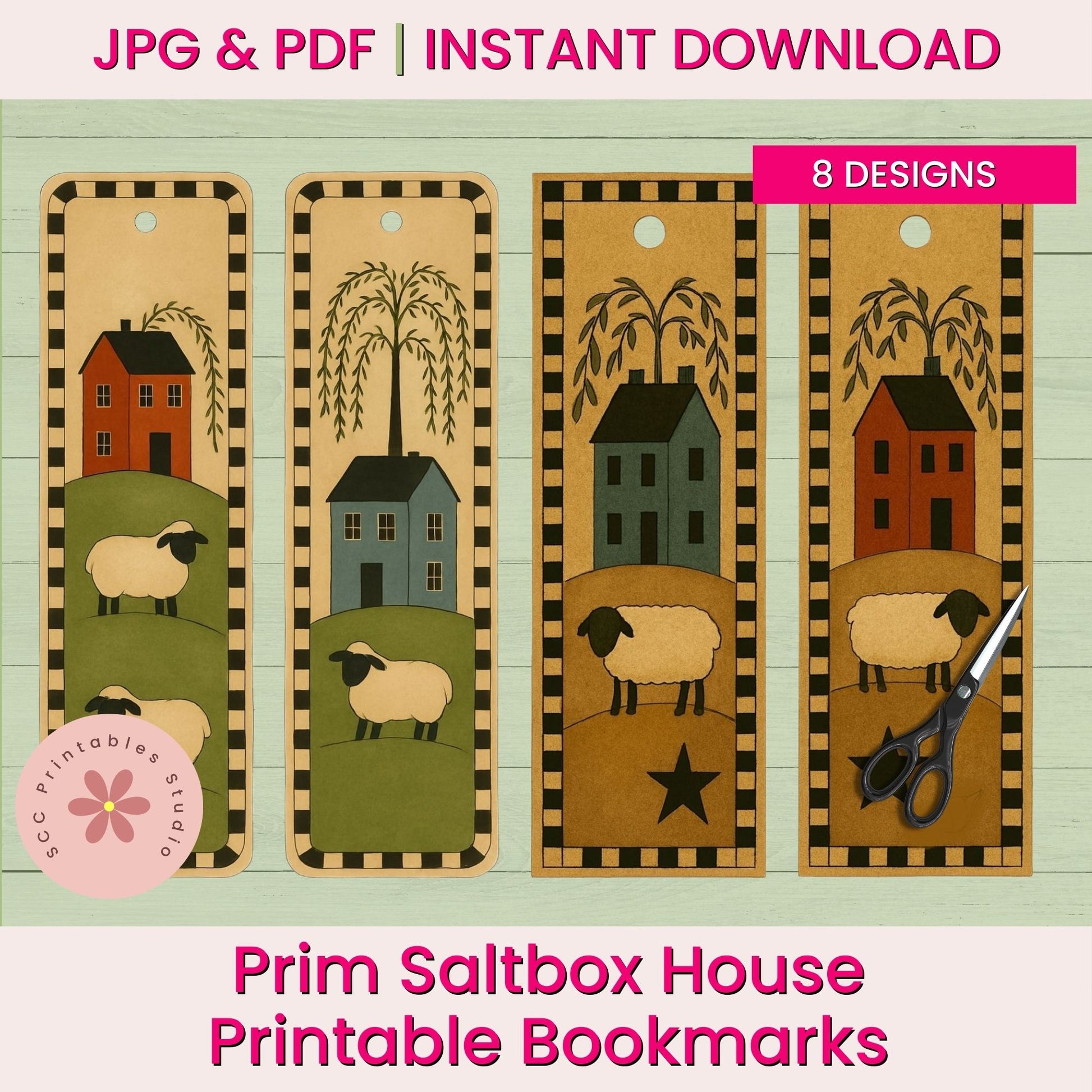 Set of Prim Saltbox House Printable Bookmarks with various designs on a light green background.