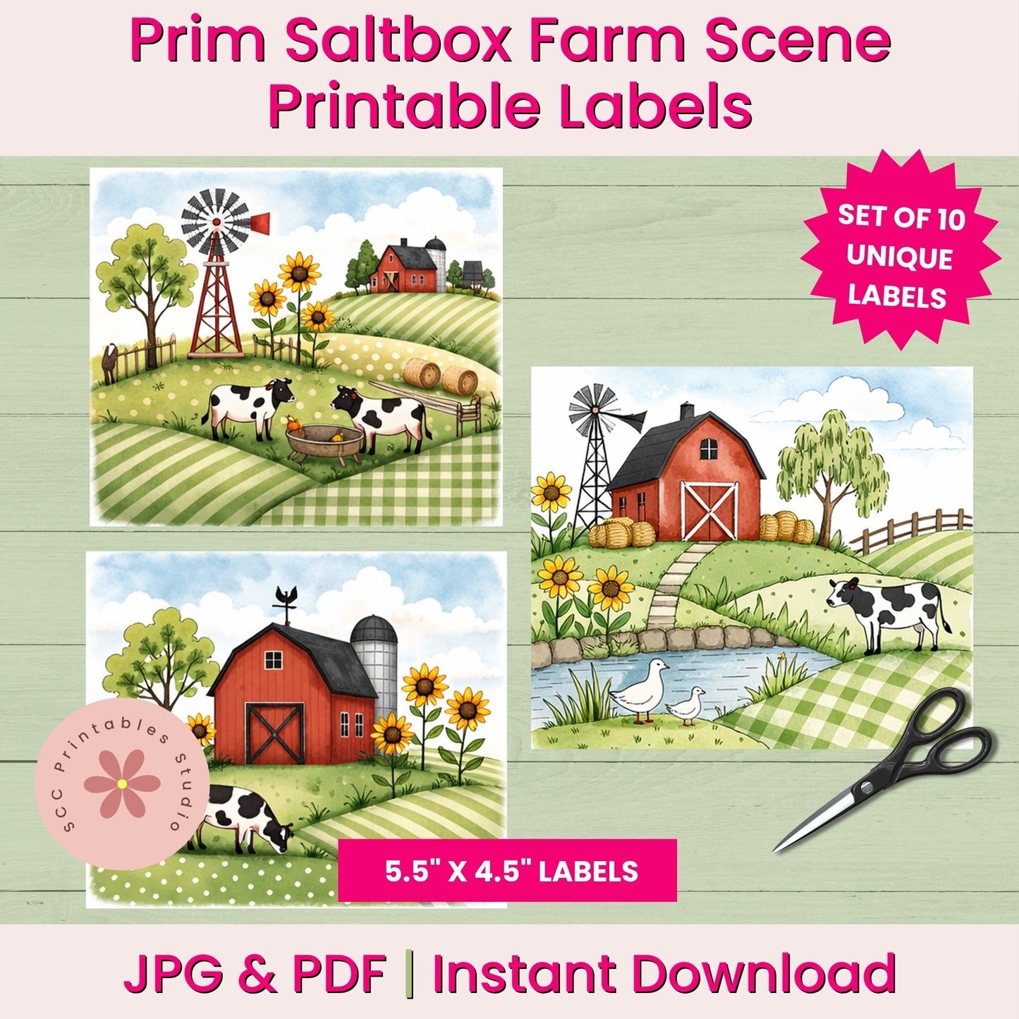 Primitive Saltbox Farm Printable Labels, Sheep Collage Sheets, Greeting Card Fronts, Junk Journal Cards &amp; Gift Tags