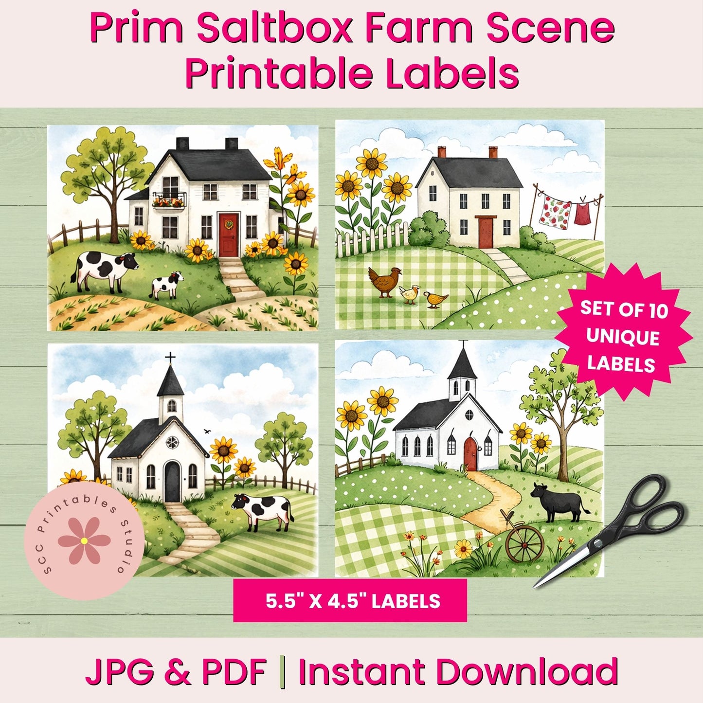 Primitive Saltbox Farm Printable Labels, Sheep Collage Sheets, Greeting Card Fronts, Junk Journal Cards &amp; Gift Tags