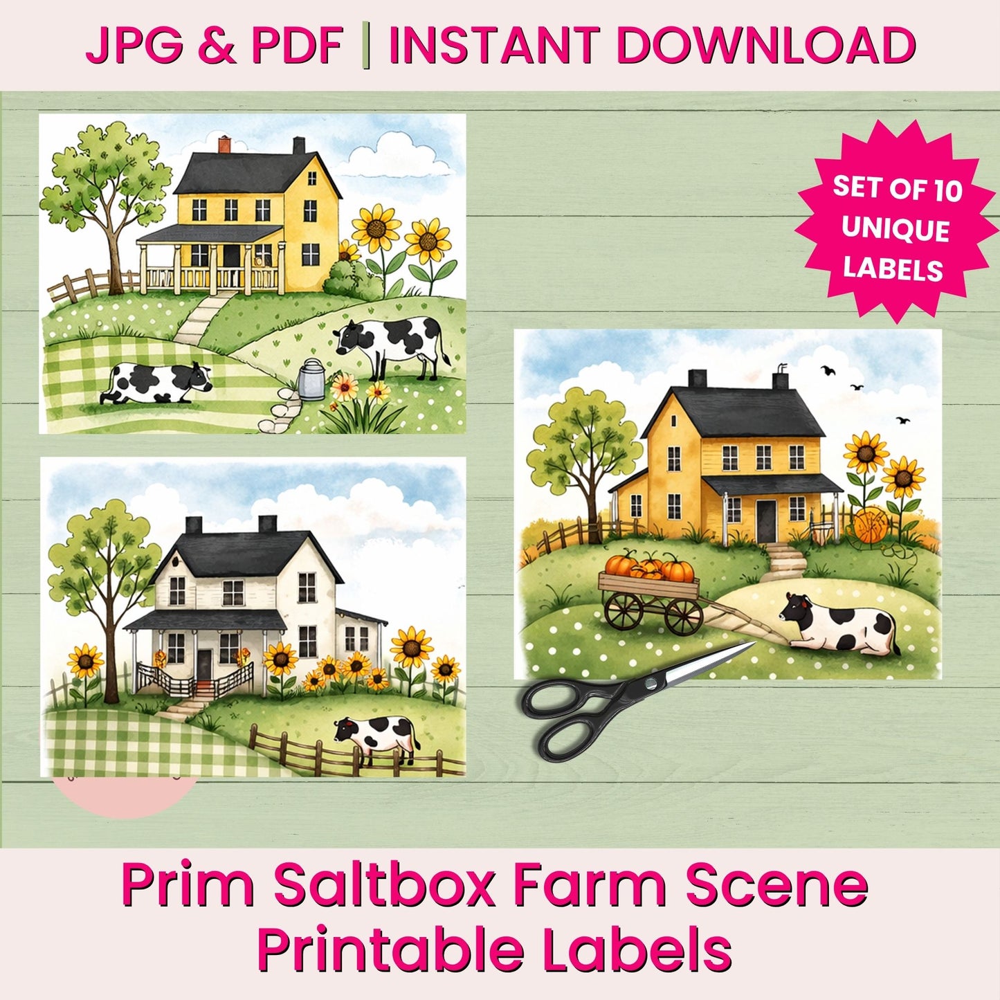 Primitive Saltbox Farm Printable Labels, Sheep Collage Sheets, Greeting Card Fronts, Junk Journal Cards &amp; Gift Tags