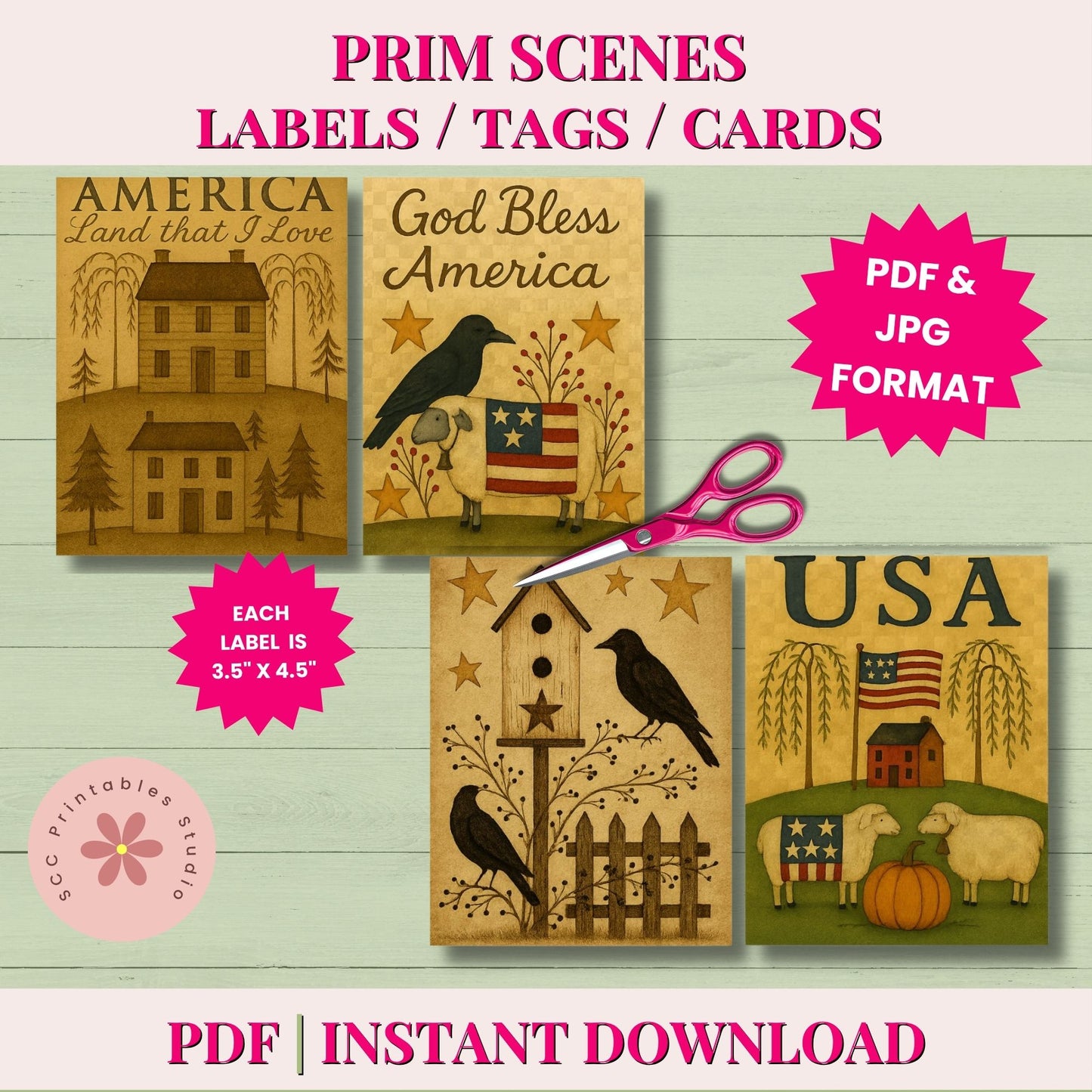 Promotional graphic for a printable PDF and JPG set of four rustic American-themed labels or tags. The designs feature a house, a bird, a fence, and farm animals with stars, flags, pumpkins, and the words 'America,' 'God Bless America,' and 'USA.