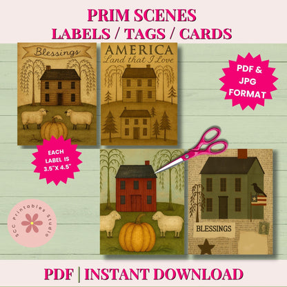 Promotional graphic for a printable fall-themed label, tag, or card set. The design shows four rustic vintage-style cards with houses, pumpkins, sheep, and text like 'Blessings,' 'America Land that I Love,' and 'Blessings.