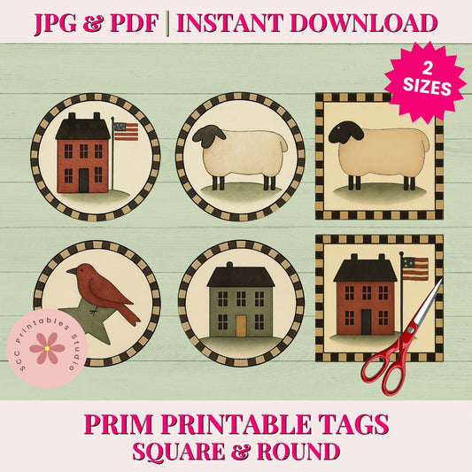 Set of square and round printable tags with houses, sheep, and a bird on a wooden background.