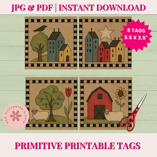 Primitive printable tags with houses, barn, and nature scenes on a wooden surface with scissors.