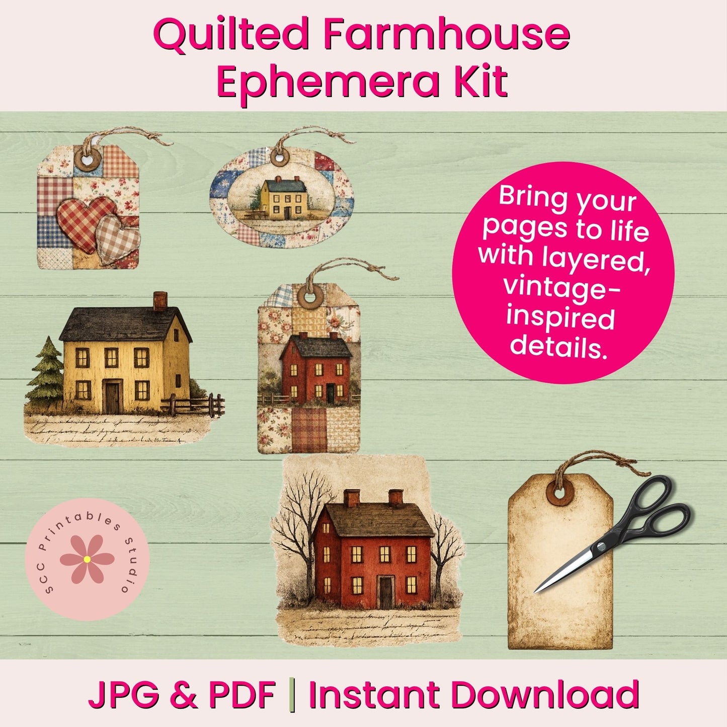 Quilted Farmhouse Ephemera Kit with vintage-style elements on a wooden background