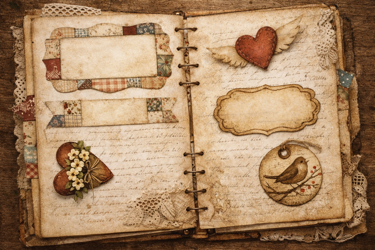 Decorative notebook with heart-shaped embellishments on a wooden surface