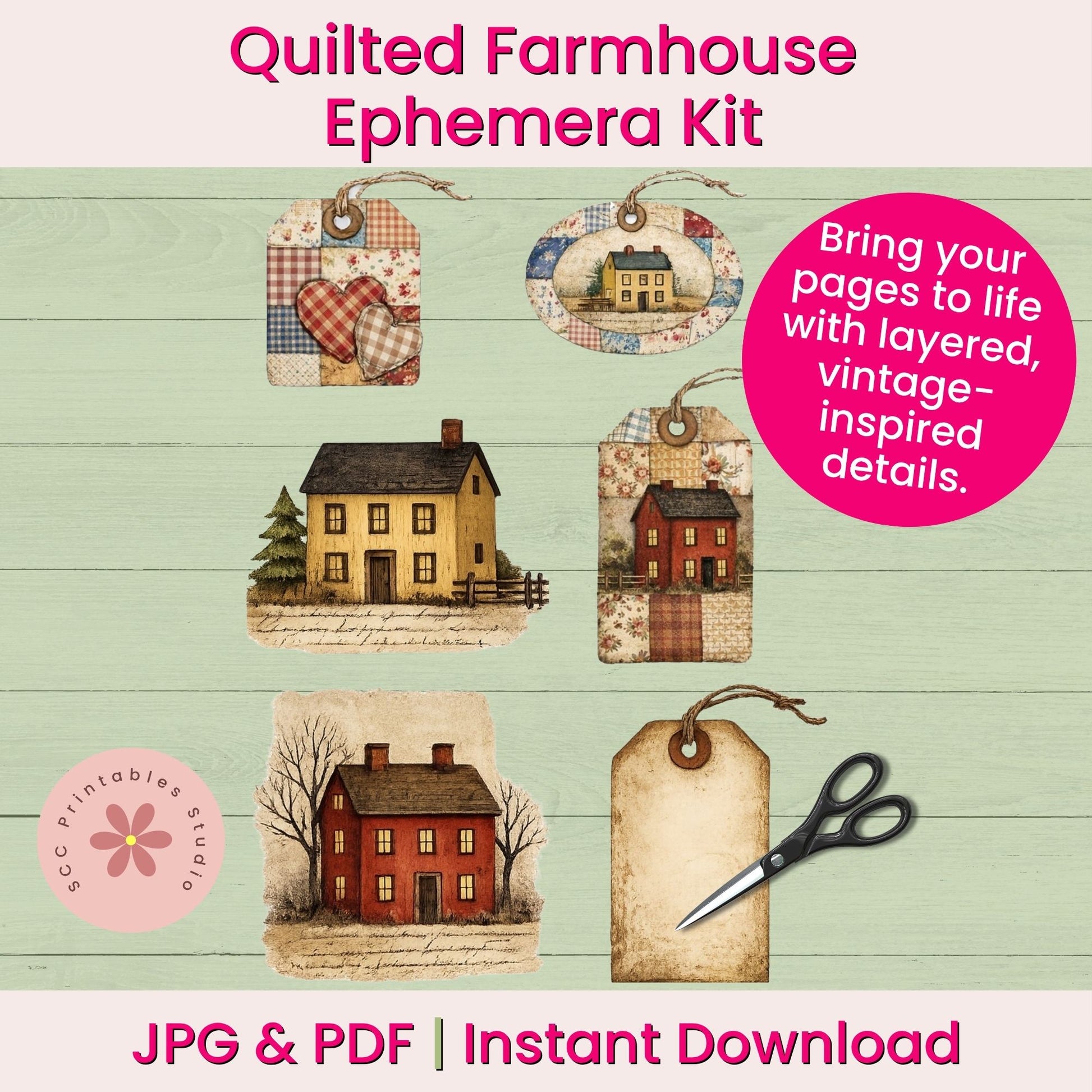 Quilted Farmhouse Ephemera Kit with vintage-style images and text on a wooden background.