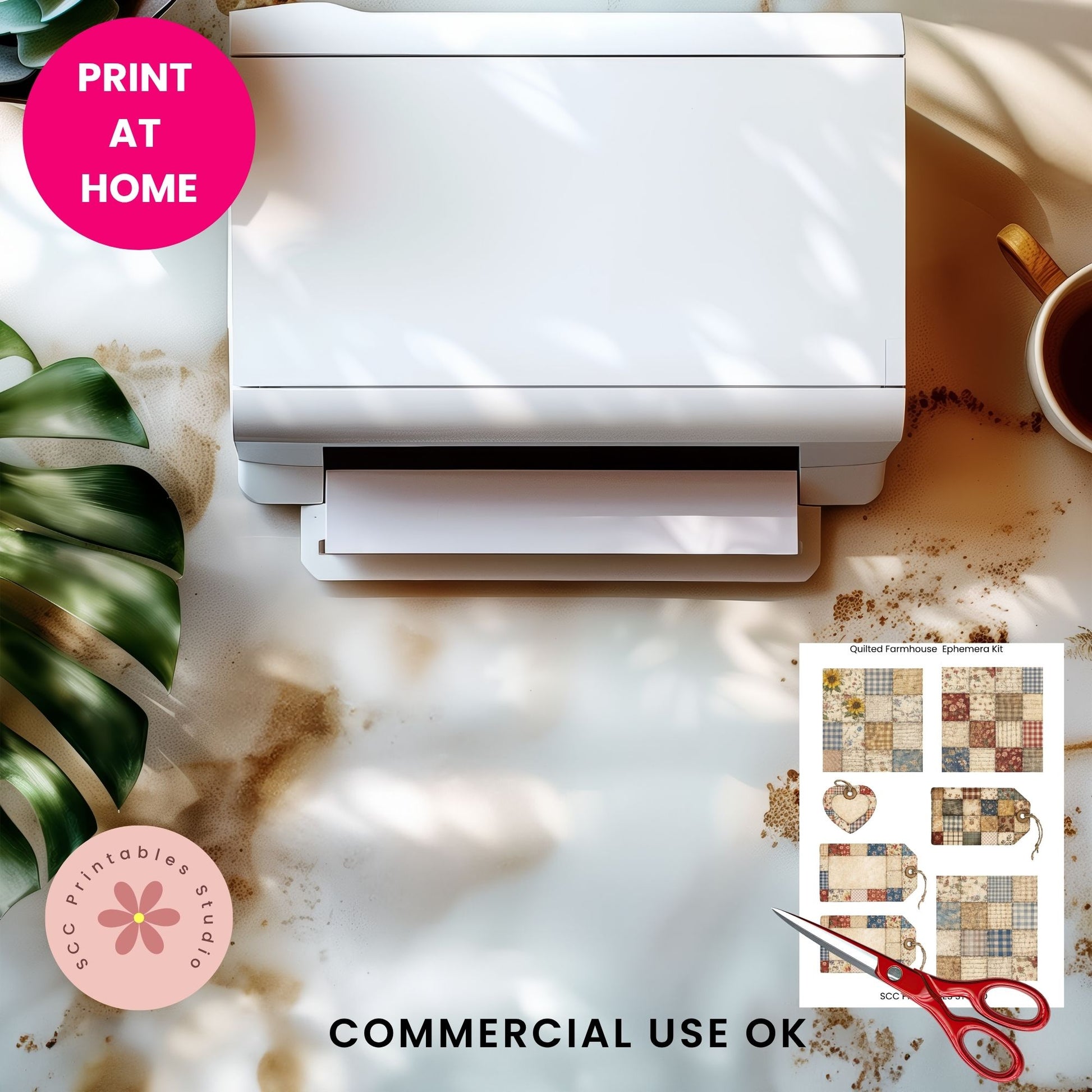 White printer on a marble surface with a cup, plant, and scissors, featuring 'Print at Home' text.