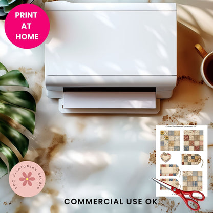 White printer on a marble surface with a cup, plant, and scissors, featuring 'Print at Home' text.