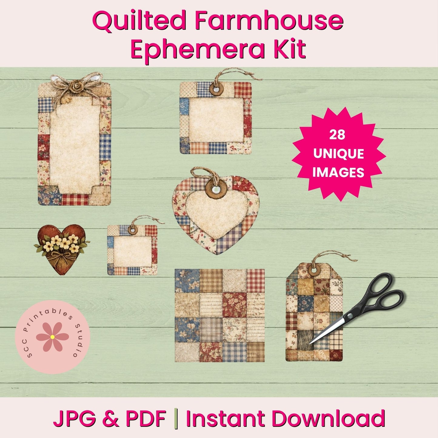 Quilted Farmhouse Ephemera Kit with various decorative items on a wooden background