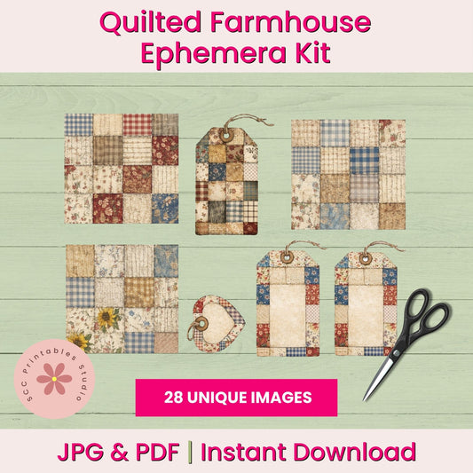 Quilted farmhouse ephemera kit with patchwork patterns, tags, and scissors on a green wooden background.